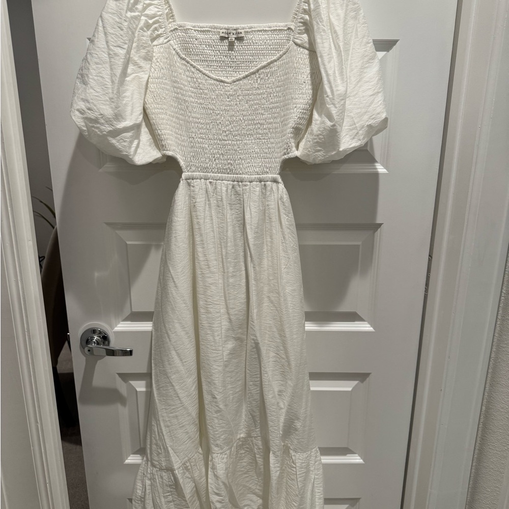 White Smocked Puff Sleeve Cut Out Dress